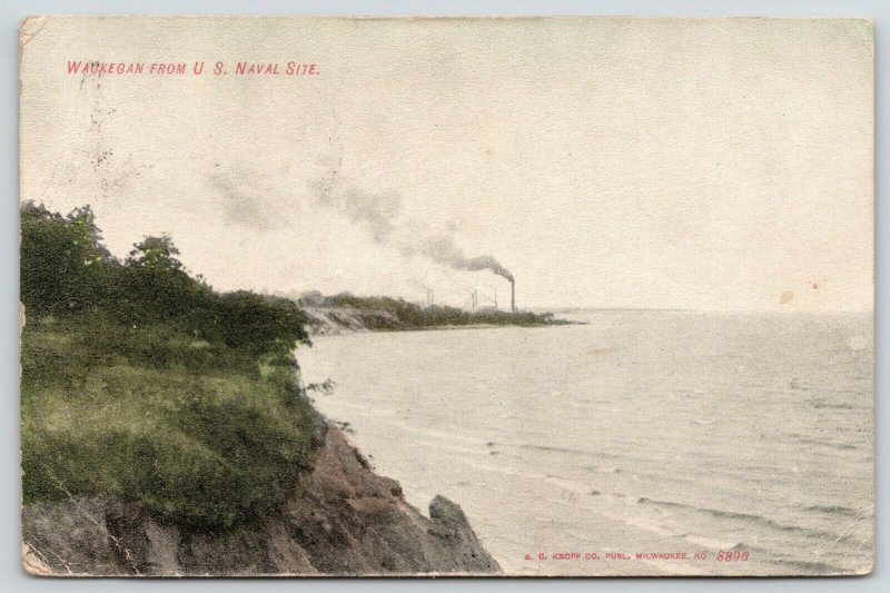 Waukegan Illinois~View @ US Naval Site~Smoke Stack on Shore~1907 Postcard