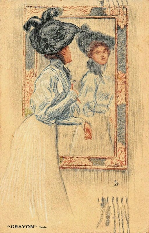 WOMAN ADMIRES HERSELF IN MIRROR-ARTIST TENRE Charles 1908~TUCK CRAYON POSTCARD 