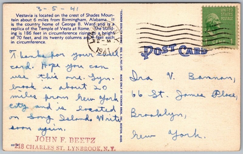 Vtg Birmingham Alabama Vestavia Mr George B Ward Home Crest Of Shades Postcard