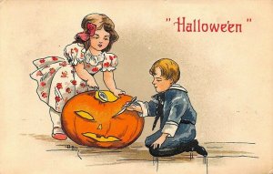 Halloween Children Carving  J-O-L Artist H. B. G. Embossed Postcard