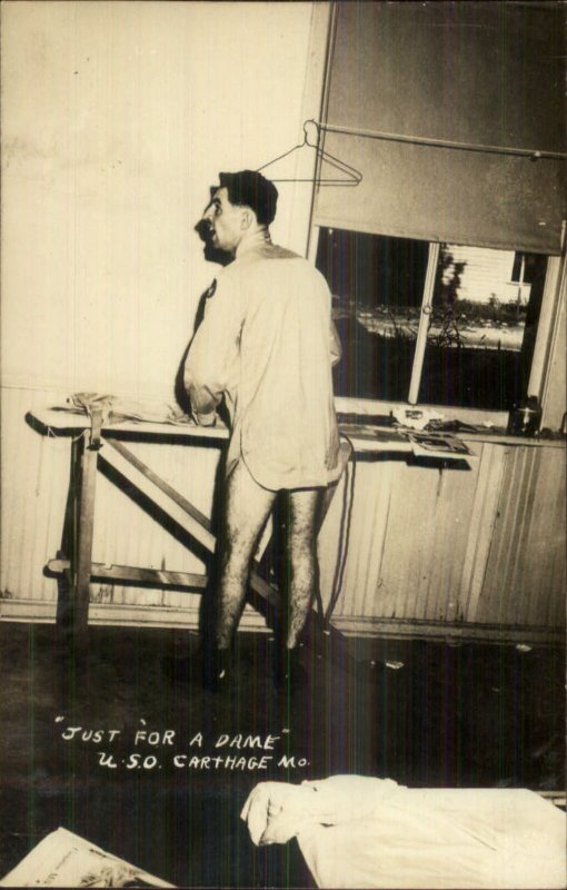 Carthage MO USO Man in Underwear Ironing Clothes 1945 Used Real Photo Postcard