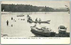 BEECH LAKE WAYNE CO. PA SPORT in WATER ANTIQUE POSTCARD PRIVATE MAILING CARD