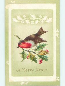 Pre-Linen christmas CUTE BIRD SITTING ON HOLLY BRANCH hr2789