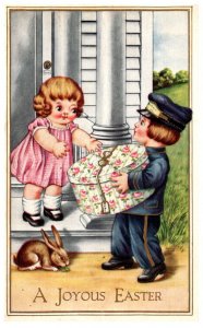 Easter  Boy mailman delivering  Hat to Girl