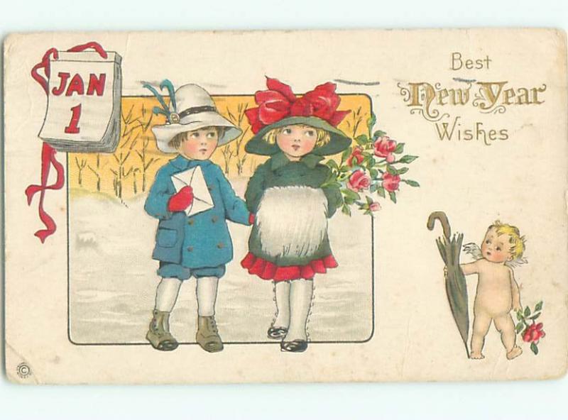 Pre-Linen New Year CUPID WALKS WITH PRETTY GIRL AND BOY AB2472