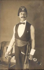 Man in Fez Hat Shriner? Clarinet Music Beautiful Studio Image c1910 RPPC