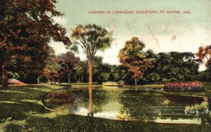 Vintage Postcard 1908 Lagoon In Lindwood Cemetery Fort Wayne Indiana S. H. Knox