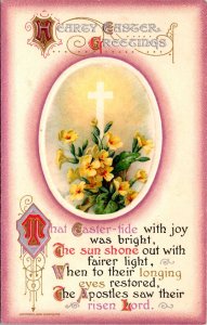 Vintage John Winsch Sun Lit Cross, Yellow Daisies, Religious, Easter Postcard