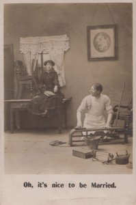 Dominant Wife Watches Husband DIY Scivvy Work Antique Real Photo Comic Postcard