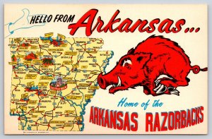 State Map~Hello From Arkansas~Razorbacks~Conway~Warren~Paragould~1950s Postcard