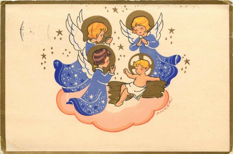 Danish Christmas Postcard A/S Anker, Baby Jesus & Angels on Cloud, Posted 1950