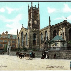 c1910s Huddersfield, England Parish Church Clock Tower Horse Carriage Kids A354