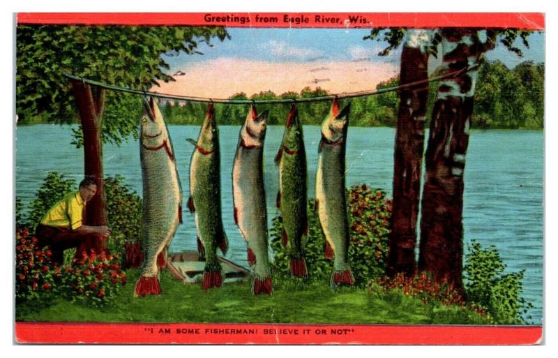 1949 Greetings from Eagle River, WI Postcard *5N13