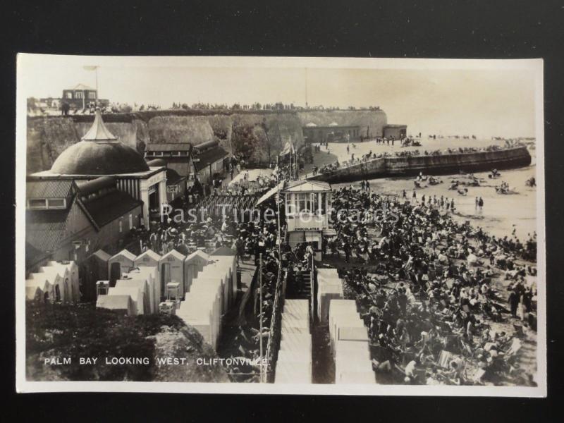 Margate CLIFTONVILLE Palm Bay looking West shows Bathing Huts c1930s RP Postcard