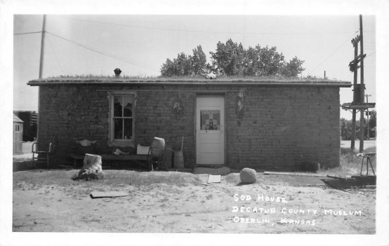 Oberlin Kansas~Tree Stump & Stone in Yard of Sod House~Butter Churn~RRPC 1950 PC 
