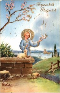 Joyeuses Paques Jesus as Boy with Lamb and Dove Gilt Inlay Gel Vintage PC