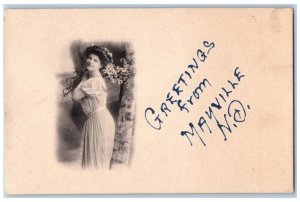 Mayville North Dakota ND Postcard Greetings Woman Standing Scene 1910 Antique