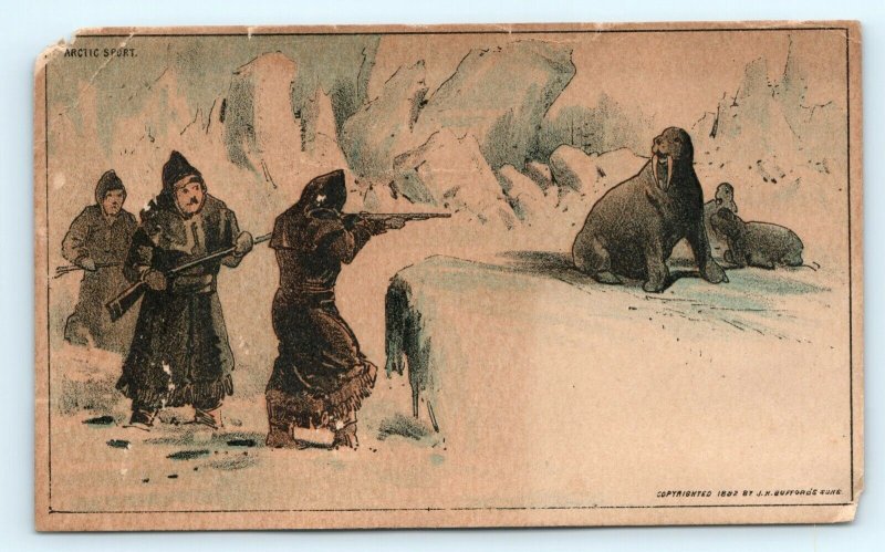 1882 J.H. Bufford Arctic Sport No Ad Trade Card - Hunters Shooting Walrus C4