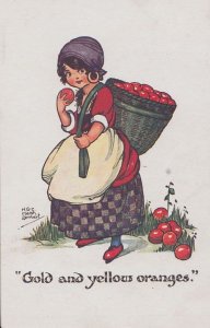 Girl Fruit Carrier Basket Oranges Apples Eating 1940s Cartoon Postcard
