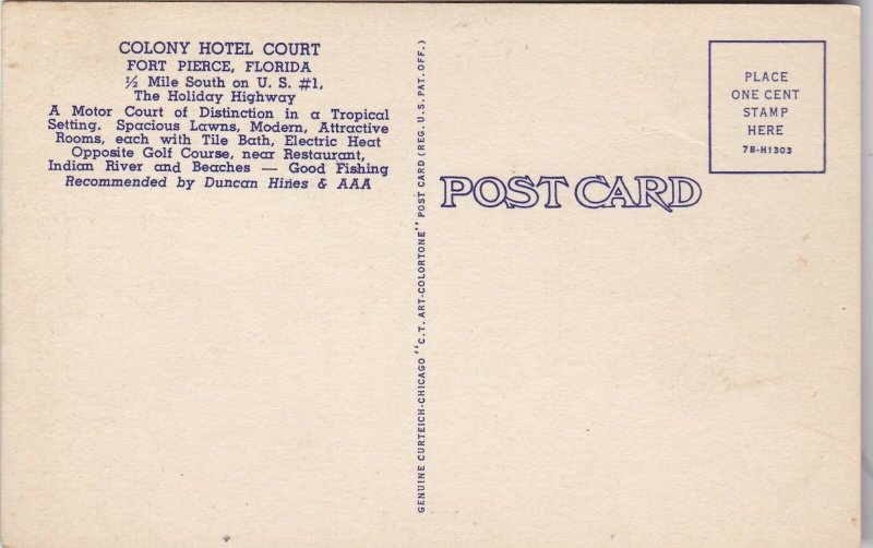 Florida Fort Pierce Colony Hotel Court Curteich sk5149