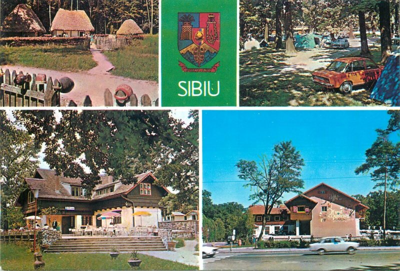 Postcard Romania Sibiu multi view municipiu hanul dumbrava stema emblema semn