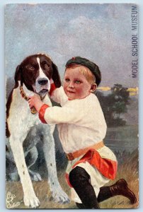 Oilette Postcard Boy And Dog We Two Model School Museum Valley City ND Tuck 1910