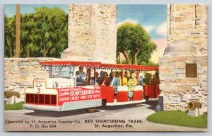 St Augustine Florida~Transfer Co~Red Sightseeing Train~City Gates~Linen Postcard
