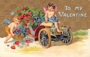 Holiday Greeting   TO MY VALENTINE  Automobile~Cherubs~Hearts  ca1910's Postcard