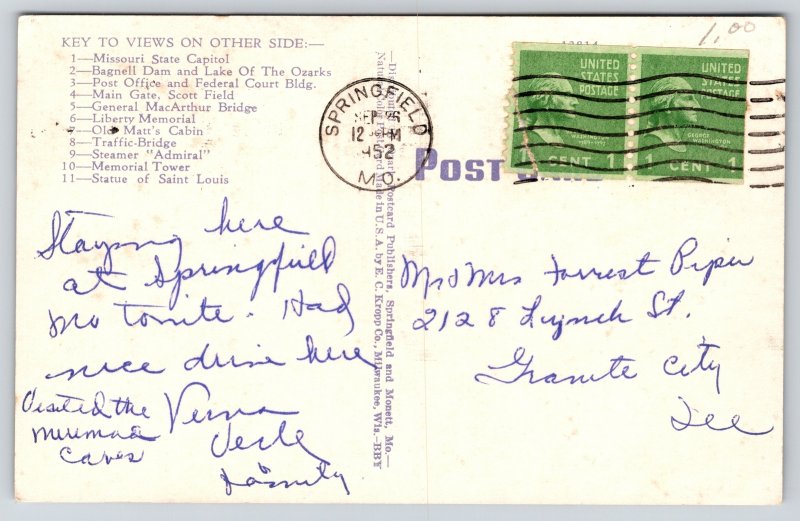 Missouri State Map~Multi-Views~Key On Back~Capitol Jefferson City~1952 PC