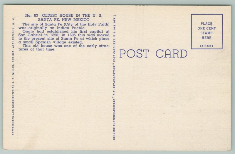 Santa Fe New Mexico~US Oldest House~1940s Linen Postcard