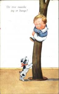 Harmless Puppy Dog Chases Scared Boy up Tree Postcard