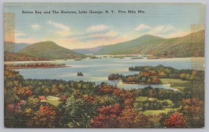 Linen~Bolton Bay & The Narrows & Five Mile Mts~Lake George NY~Vintage Postcard