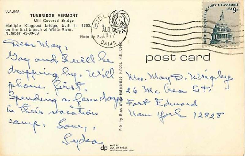 Tunbridge ,VT, Vermont with Mill Covered Bridge, 1977 Chrome