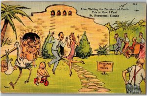 Comic, Visiting the Vountain of Youth St Augustine FL c1946 Linen Postcard C04