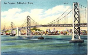 1930s SAN FRANCISCO CALIFORNIA OAKLAND BAY BRIDGE SKYLINE LINEN POSTCARD 42-199