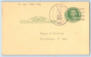 DPO (1882-1942) OK Kentucky KY Postcard Edgar M Griffin Williston ND 1942