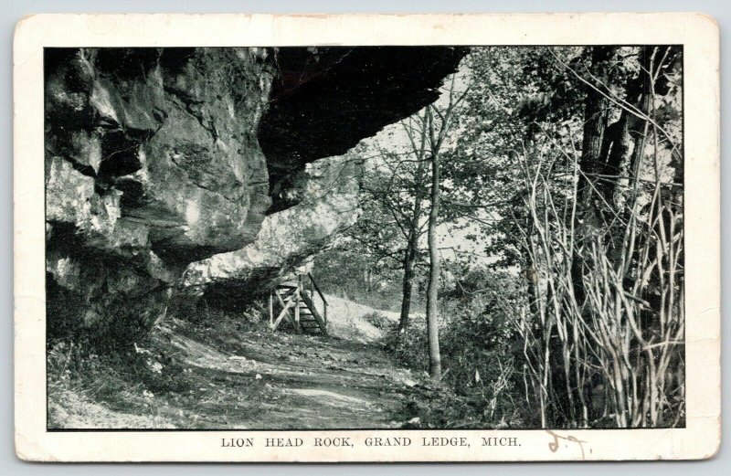 Grand Ledge Michigan~Steps Up To Lion Head Rock Formation~c1908 Postcard 