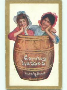 Pre-Linen TWO WOMEN IN WOODEN BARREL AB7625