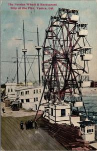 Ferris Wheel and Restaurant Ship at the Pier Venice CA Vintage Postcard L20