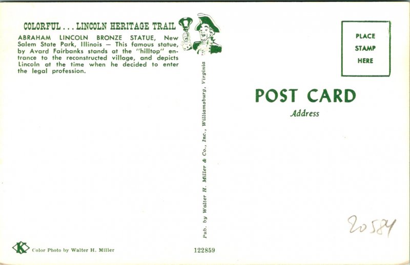 New Salem State Park IL Lincoln Bronze Statue Postcard unused (20584)