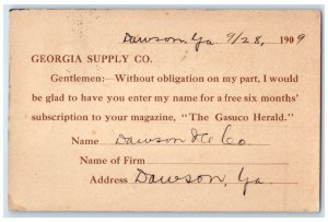 1909 Georgia Supply Co. Dawson GA Savannah GA Magazine Subscription Postal Card