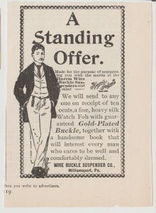 1896 Print Ad, Harris Wire Buckle Suspender  Williamsport PA 3 1/4 x 4 1/2