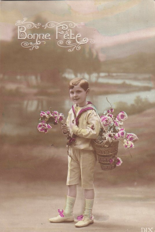 RP: BIRTHDAY, 1900-10s; Bonne Fete, Little Sailor Boy carrying basket of Roses