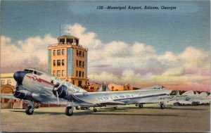 Postcard GA Atlanta Airport Delta Air Lines Plane Control Tower LINEN 1940s S75