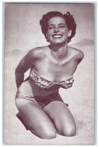 Pretty Woman Arcade Card Pin Up Risque Curly Hair Beach Bathing Beauty c1905