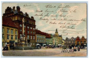 1903 Pilsen Ringplatz Scene of Plaza Square Monument Austria Postcard