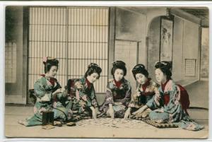 Japanese Women Playing Cards Japan Fried Silk advertising handcolored postcard