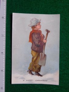 1870s-80s A Happy Christmas Boy w/ Scarf & Snow Shovel Victorian Trade Card F27