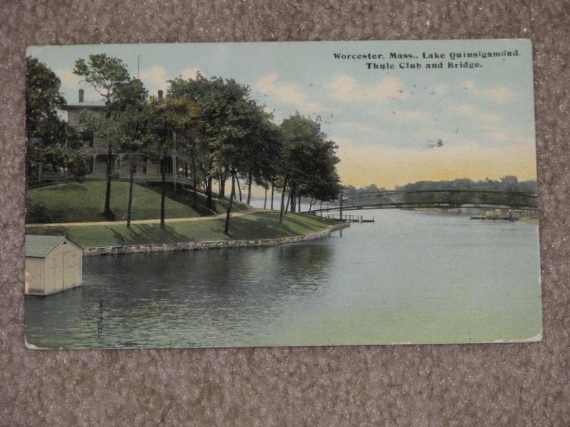 Lake Quinsigamond, Thule Club & Bridge, Worcester, Mass, 1910, used vintage card