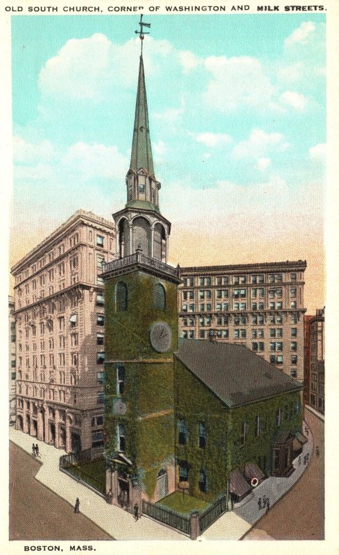 Vintage Postcard Old South Church Corner Washington & Milk Streets Boston MA